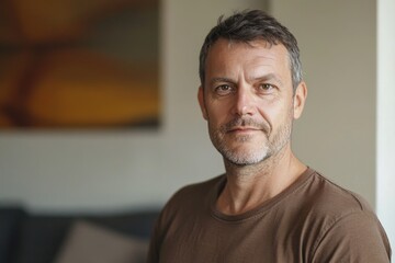 portrait caucasian man 50 years old in brown T-shirt against home background, men's health