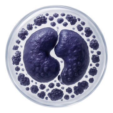 Basophil with bilobed nucleus and dark-staining granules