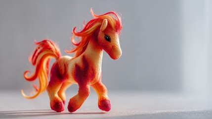 red fiery toy plush horse on the light background, copy space, handmade