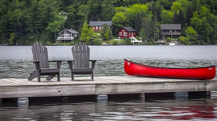 Two Dark Gray Adirondack Chairs Red Canoe Wooden Lake Dock