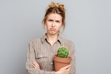 upset woman 30 years old holding cactus in pot in hand on light background