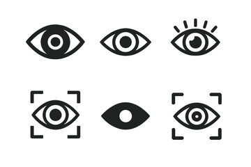 Collection of eye icons, including eyesight symbols, retina scan icons, and simple eye silhouettes -  vector