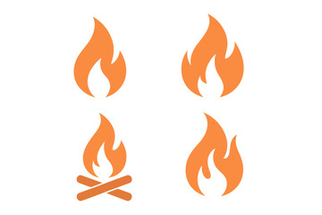 Collection of fire icons, including flame symbols, bonfire silhouettes, and logotypes of flames in a flat style -  vector