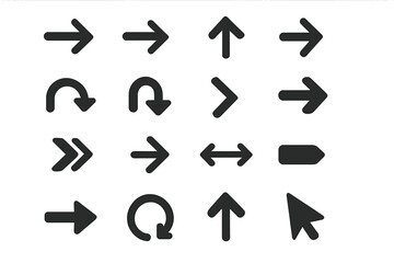 A collection of big black arrow icons, including arrow icons, arrow vectors, and modern simple arrows, in a vector illustration, also featuring a cursor