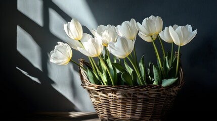White Tulips in Rustic Brown Wicker Basket Dramatic Light