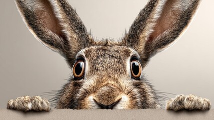 Funny hare peeks out and eavesdrops on the light background