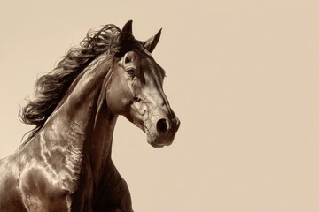 purebred horse brown color on beige background, copy space, symbol of 2026 year