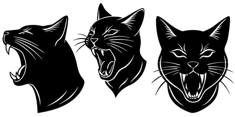 Three black cat heads showing aggression with open mouths and sharp teeth © Riddhi