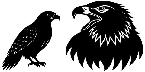 Two black silhouette eagles one perched and one fierce head with open beak