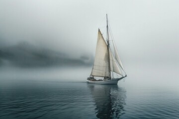 Fototapeta premium Vintage sailboat gracefully sails through a mystical fog, creating a serene and evocative scene of maritime adventure