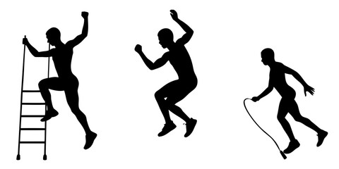 Silhouettes of a man climbing a ladder jumping and skipping rope