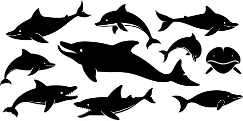 Collection of black silhouette dolphins and sharks in various poses on white background