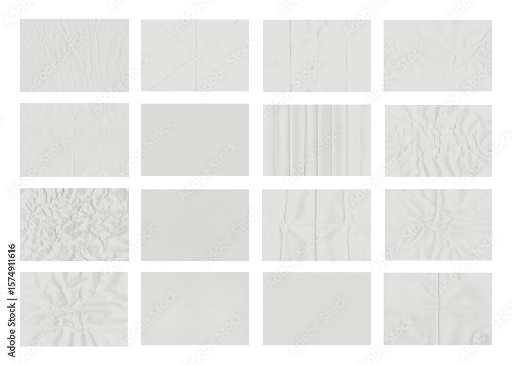 Poster collection of sixteen white paper textures showcasing different folding and crumpling patterns again