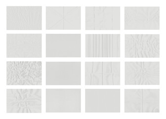 Collection of sixteen white paper textures showcasing different folding and crumpling patterns against a transparent background creating unique backgrounds.