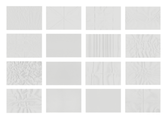 Collection of sixteen white paper textures showcasing different folding and crumpling patterns against a transparent background creating unique backgrounds.