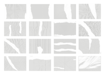 Collection of white paper textures torn with black elements creates an edgy, abstract, and versatile collage for graphic design needs, transparent background