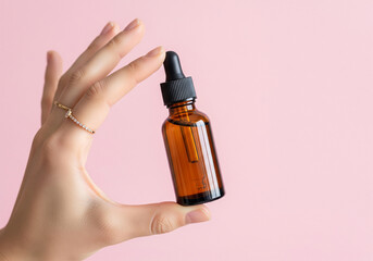 A hand holding a small amber glass dropper bottle with a black lid against a soft pink background.