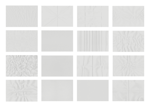 Collection of sixteen white paper textures showcasing different folding and crumpling patterns against a transparent background creating unique backgrounds.