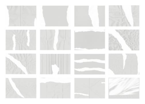 Collection of white paper textures torn with black elements creates an edgy, abstract, and versatile collage for graphic design needs, transparent background
