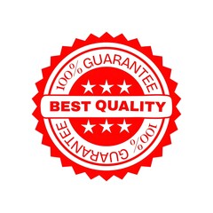 Best quality red seal with white text and stars 100% guarantee badge with bold banner and starburst edge on white background for product labels, branding, and marketing use

