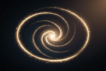 Golden sparkling spiral galaxy with bright light at the center on a dark background