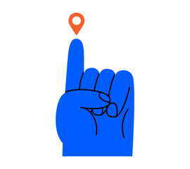 Hand drawn cute cartoon illustration of hand points at location pin. Flat vector navigation mark with arm doodle sticker. Guide or leader icon. Travel destination. Isolated.