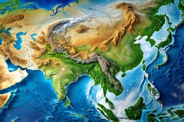 Detailed 3D Render of Asia Topography and Geography