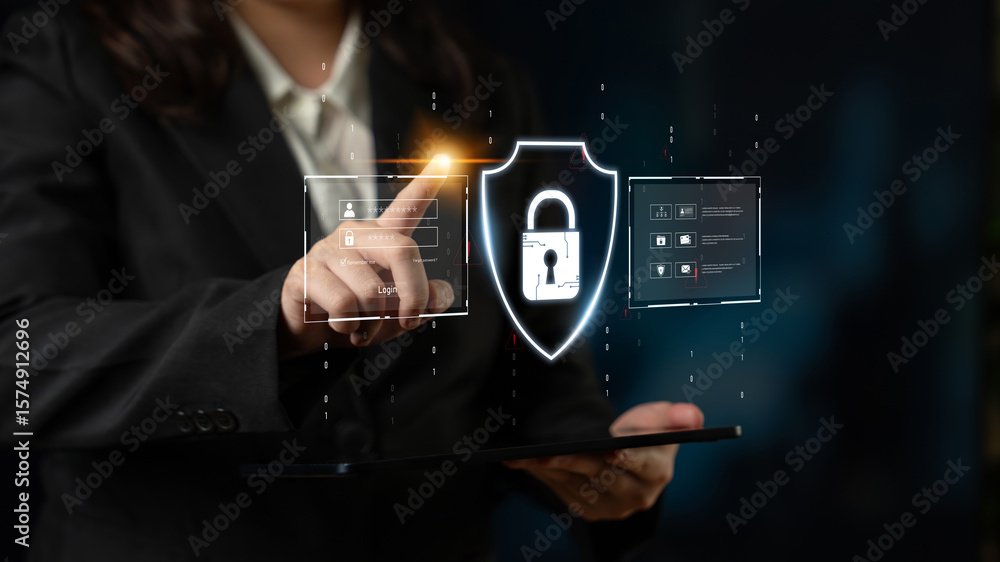 Poster cyber security protects against breaches, hacks, and network attacks using strong infrastructure and