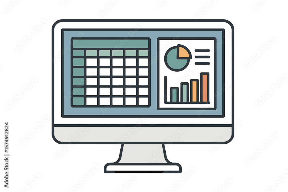 Fototapete Flat style illustration of a desktop computer with a white monitor displaying a spreadsheet table and graphic