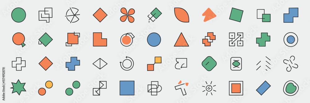 Poster minimalist colorful geometric icons in grid layout – perfect for app design, presentation templates,