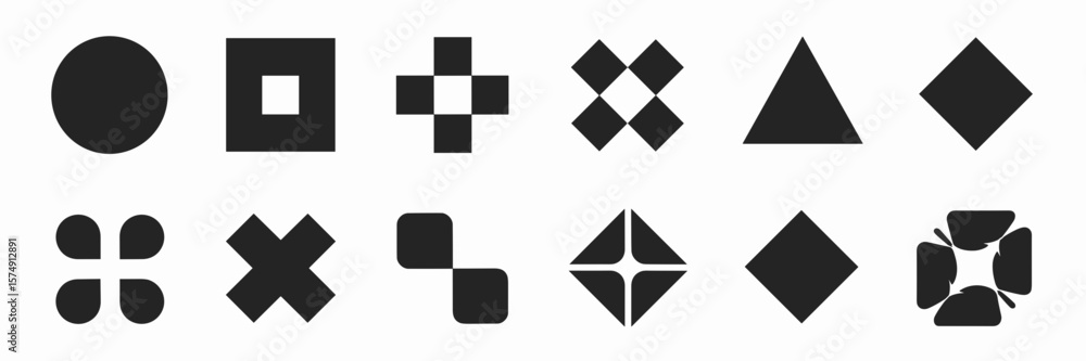 Aufkleber monochrome vector icon set with geometric shapes in grid – great for user interfaces, infographics, 