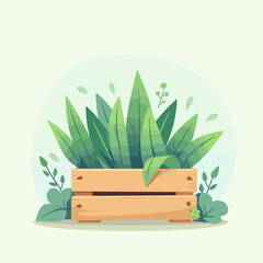 Wooden crate with green plants and leaves in minimalist style on soft background