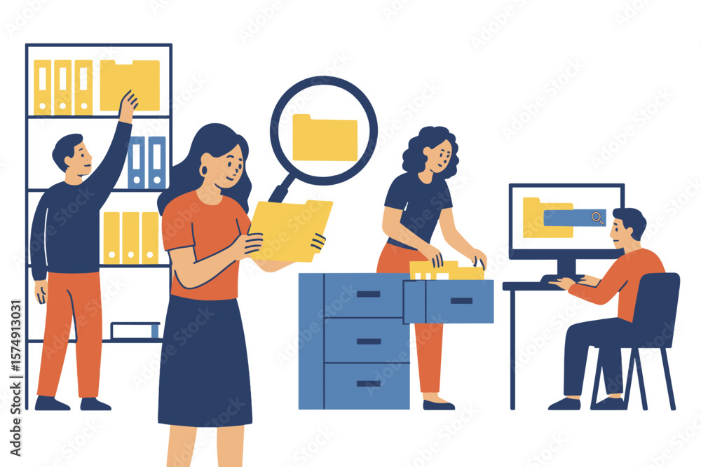 Poster individuals are retrieving documents from shelves, utilizing a magnifying glass, and scouring files 