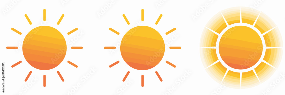 Poster sun icons in flat and gradient styles with rays – great for summer graphics