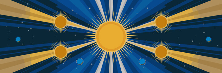 Suns with golden beams and orbiting planets – Perfect for astronomy or sci-fi visuals