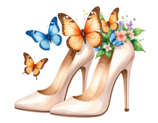 illustrated high heels with butterflies, fairy fashion, transparent background 