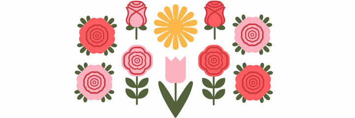 Vector flower icon set with roses, daisies, and tulips in circular layout