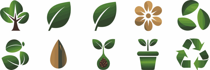 Vector icon set of green leaves with sustainability and nature symbols – Ideal for eco branding, botanical education, or environmental campaigns.