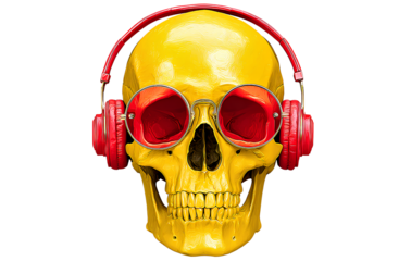 Skull yellow with red headphones and sunglasses transparent background