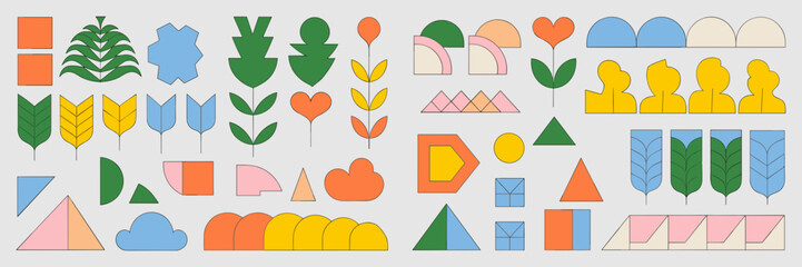 Creative icon sheet with organic and geometric shapes in grid layout