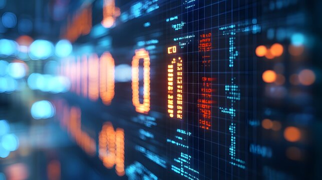Digital Binary Code Display: Binary code, glowing with blues and oranges, is displayed on a digital screen, signifying the intricate world of computer science, data, and technology.