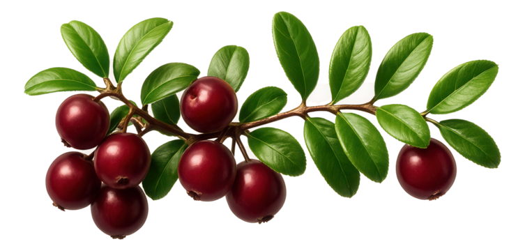 Cranberry vine segment bearing small, dark red berries and glossy leaves