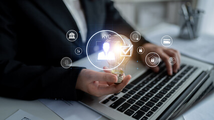 Digital KYC verification with biometric scan, ID authentication, and financial security icons...