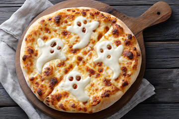 Halloween pizza with ghost-shaped mozzarella, melted cheese forming spooky faces