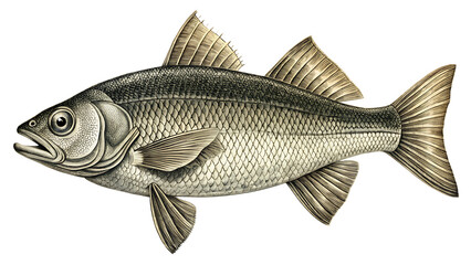 Detailed vintage stipple engraving of a European sea bass fish with intricate scales and fins isolated on a transparent background