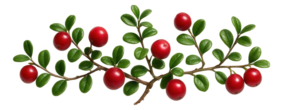 Round bog cranberry with creeping stems and small, glossy, red berries