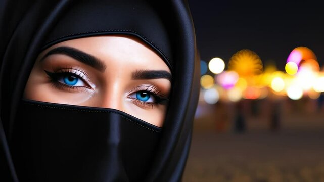 Modest woman in black satin niqab with blue diva eyes at nighttime beachside amusement scene