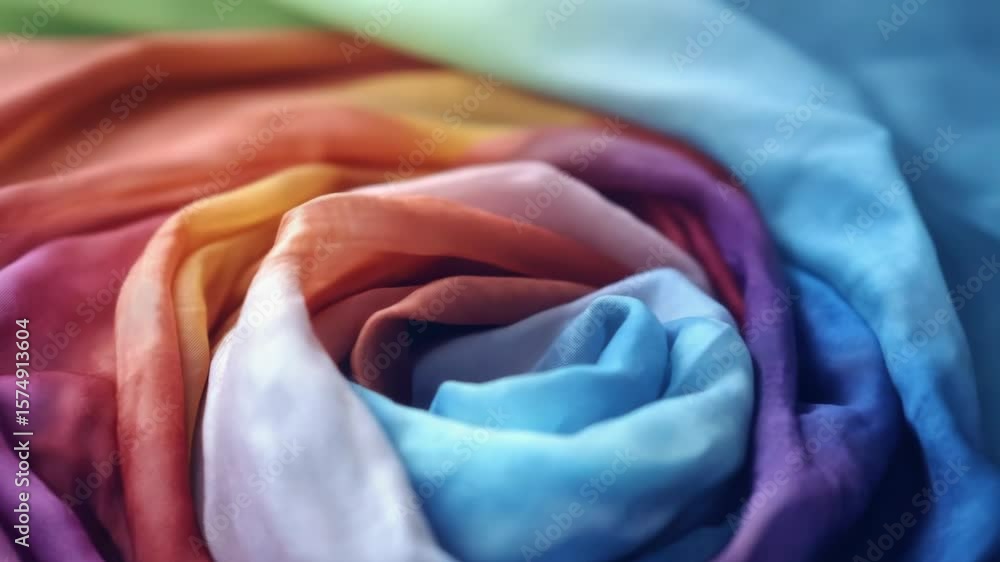 Poster a detailed view of a vibrant fabric with various colors and patterns