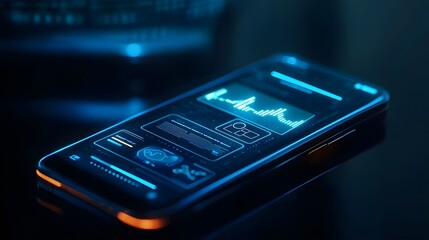 Technological Interface: A state-of-the-art smartphone showcases a futuristic interface with detailed data visualizations and secure authentication.