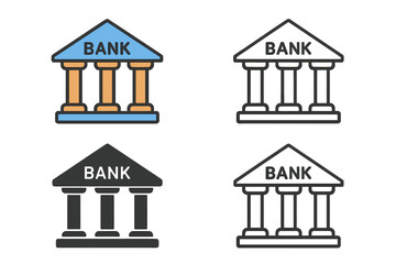 Vector illustration of two colored and black bank icons in various styles including filled, thin line, outline, and stroke, suitable for mobile and ui applications